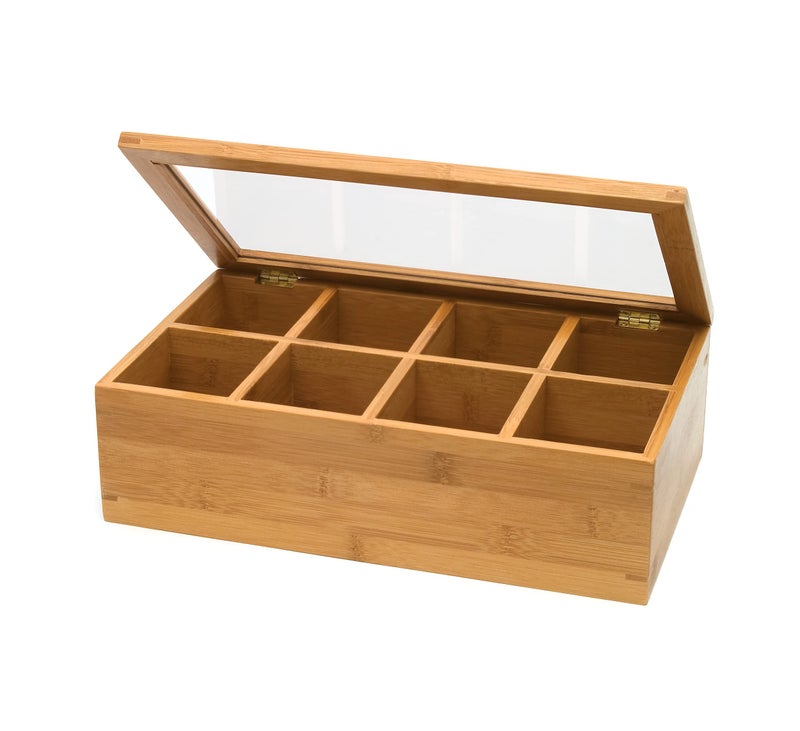 Lipper International Bamboo Wood Tea Box with Clear Lid, 8 Compartments, 12-1/2" x 7-1/2" x 3-5/8" - Image 1
